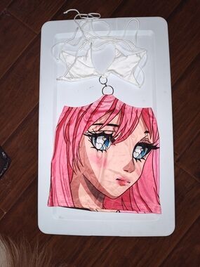 White Star Bikini Top with Attached Pink Anime Print Skirt